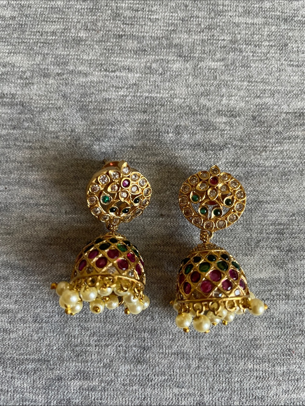 Gold-Tone Pink and Green Jhumka Earrings with Pearl Fringe - Picture 5 of 5